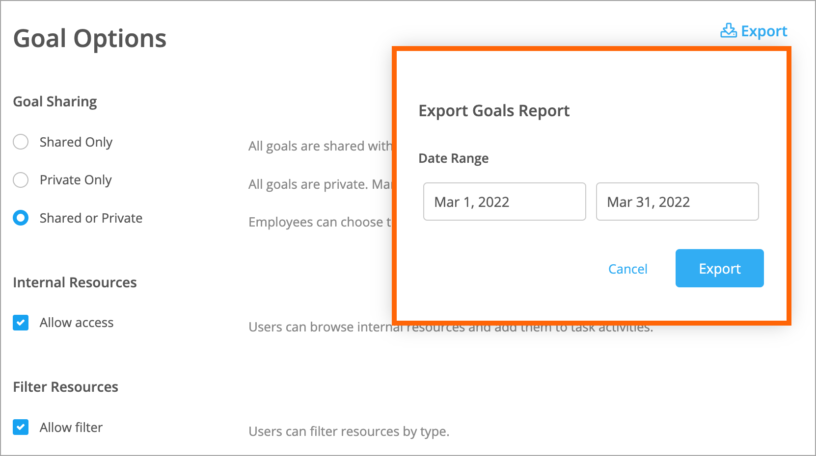 Exporting a goals report