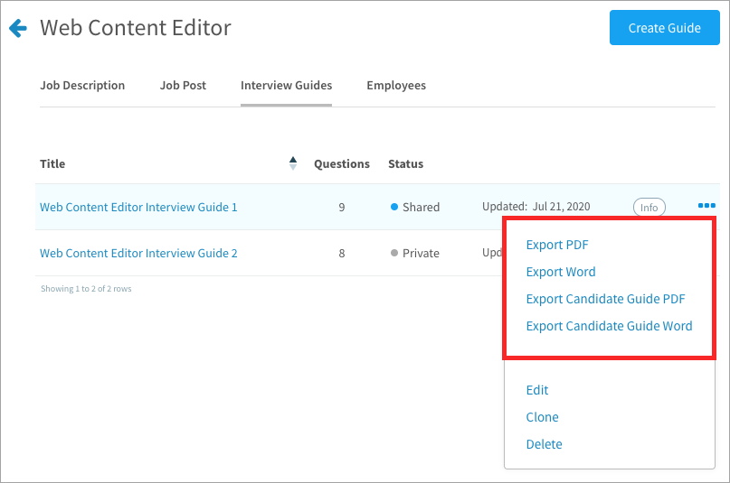Exporting an interview guide or candidate guide to PDF