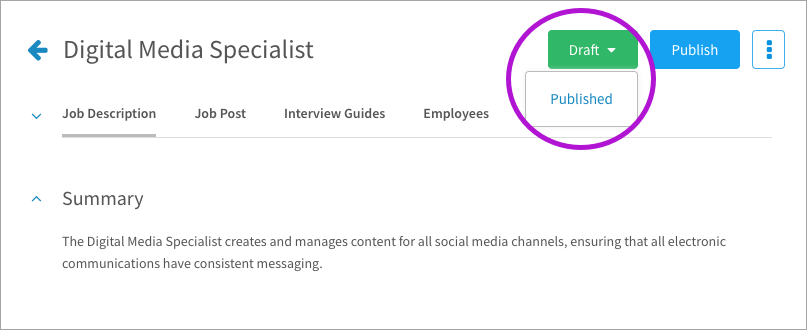 Switching between the draft and published version of a job