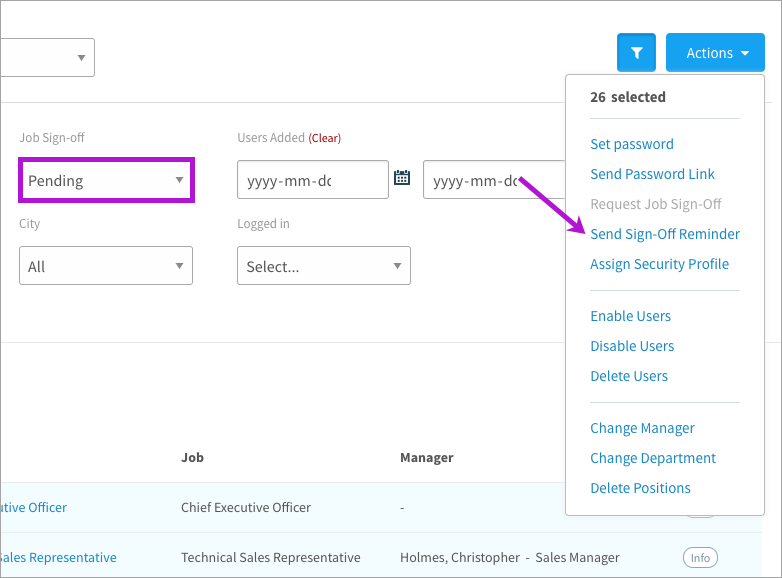 Sending sign-off reminders in bulk from the Users table