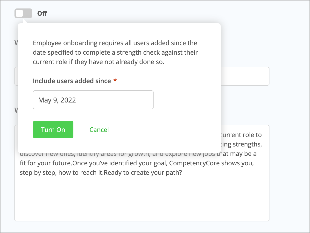 Choosing a date when setting up onboarding