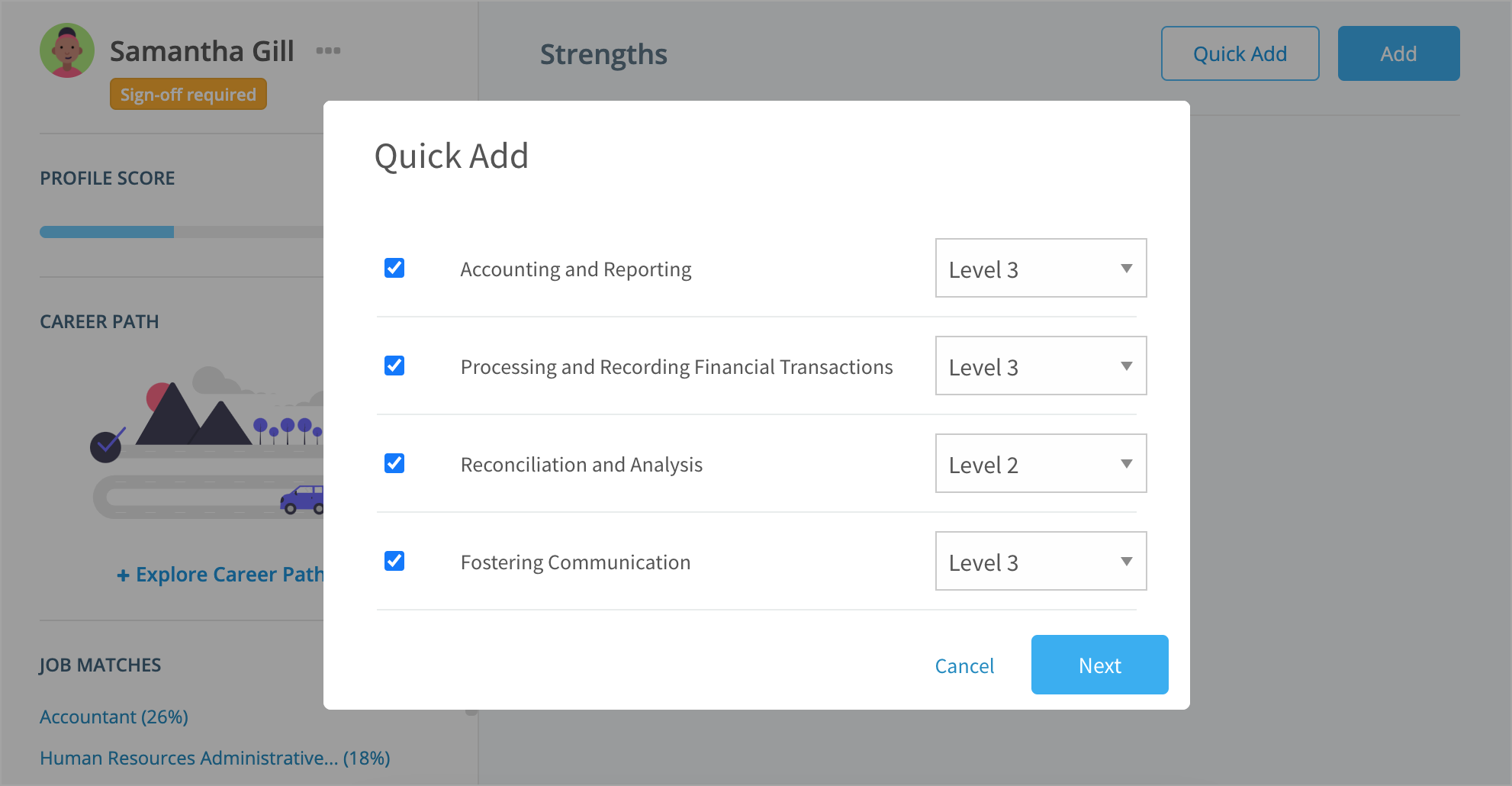 Adding strengths to your profile based on your current role